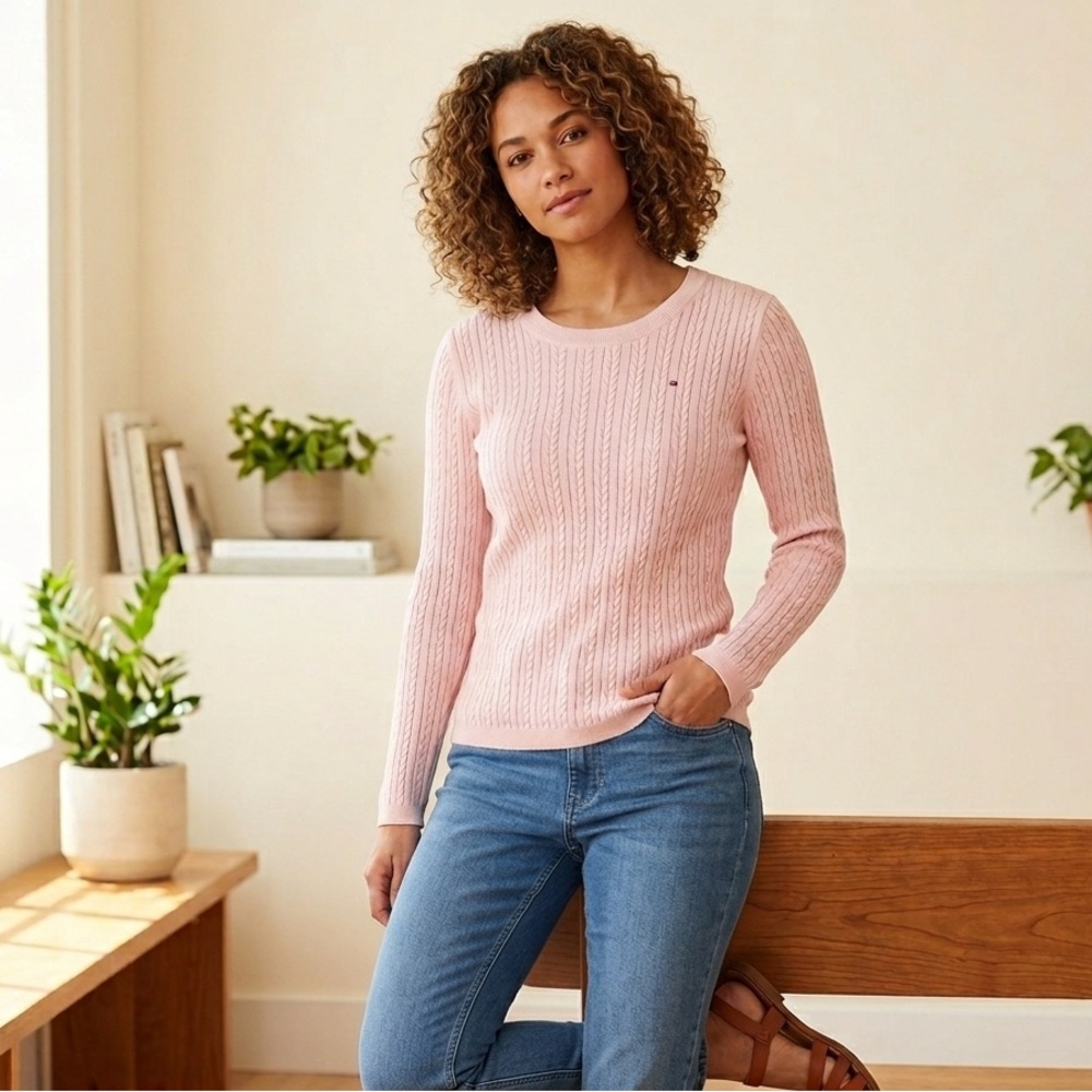 Preppy Tommy Hilfiger Classic Pink Cable Knit Sweater 100% Cotton Small